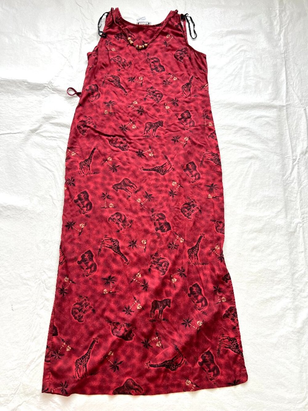 Vintage 90s dress sleeveless maxi red black size 10 animals beaded Just in Thyme